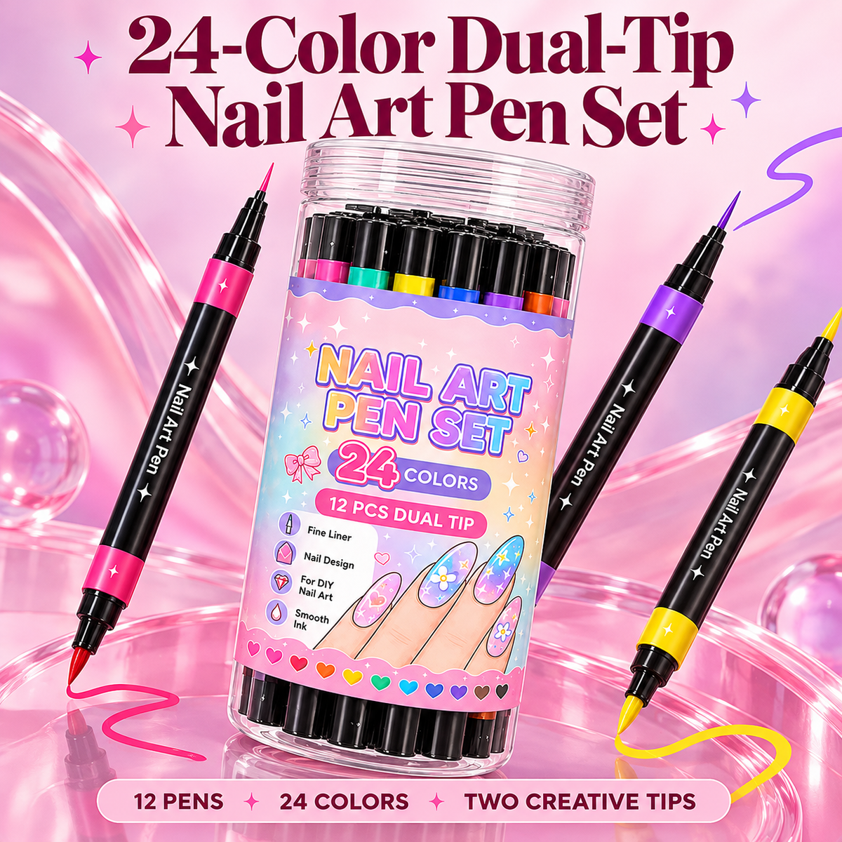 24-Color Dual-Tip Nail Art Pen Set