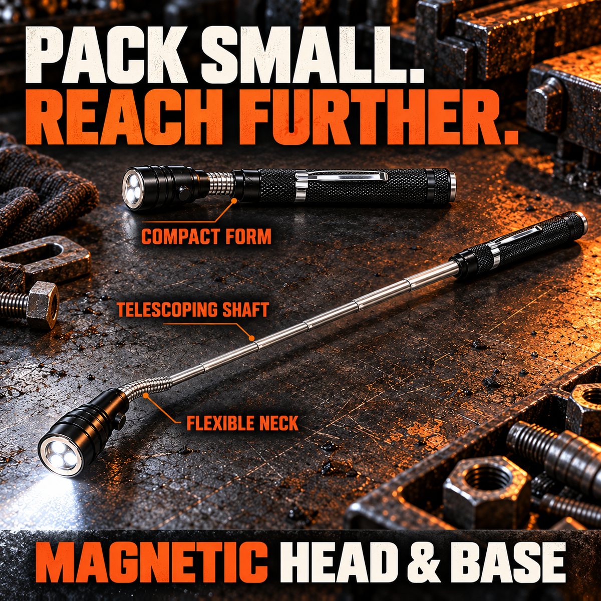 Dual-End Magnetic Telescopic LED Inspection Flashlight