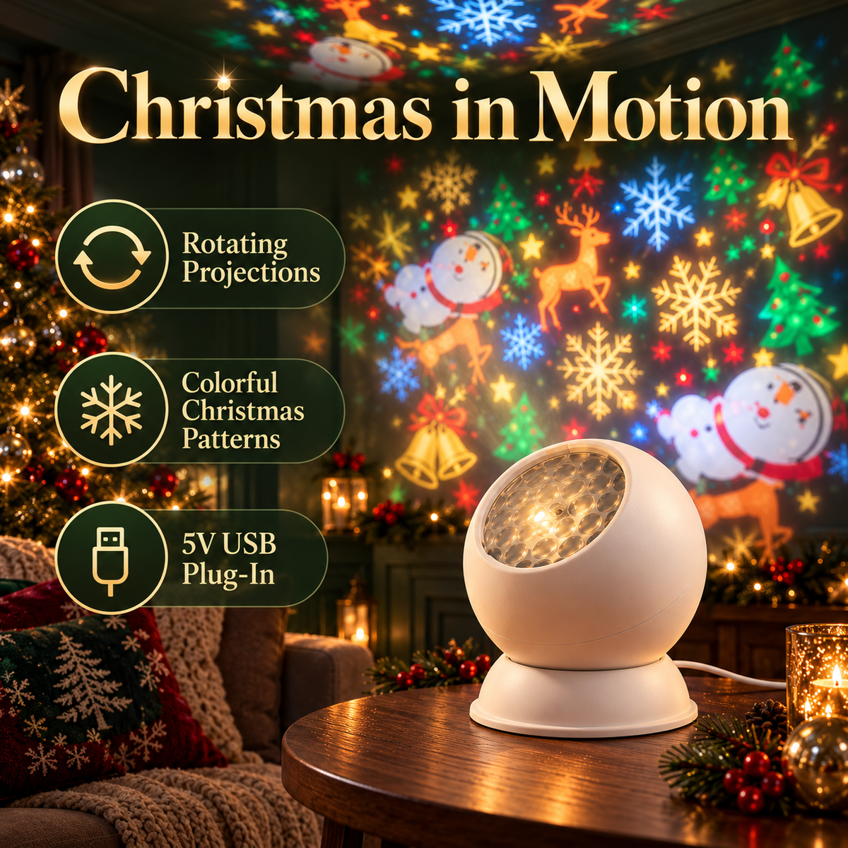 Christmas Wonder Rotating Projection Light – USB Plug-In