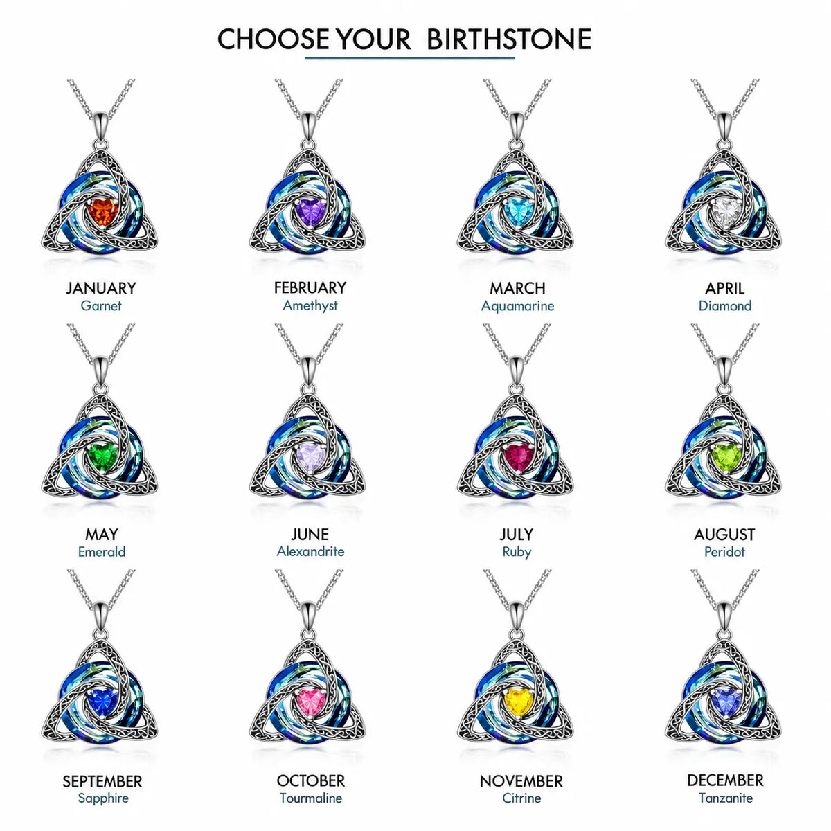 Celtic Trinity Knot Birthstone-Inspired Necklace + Free White Gift Box