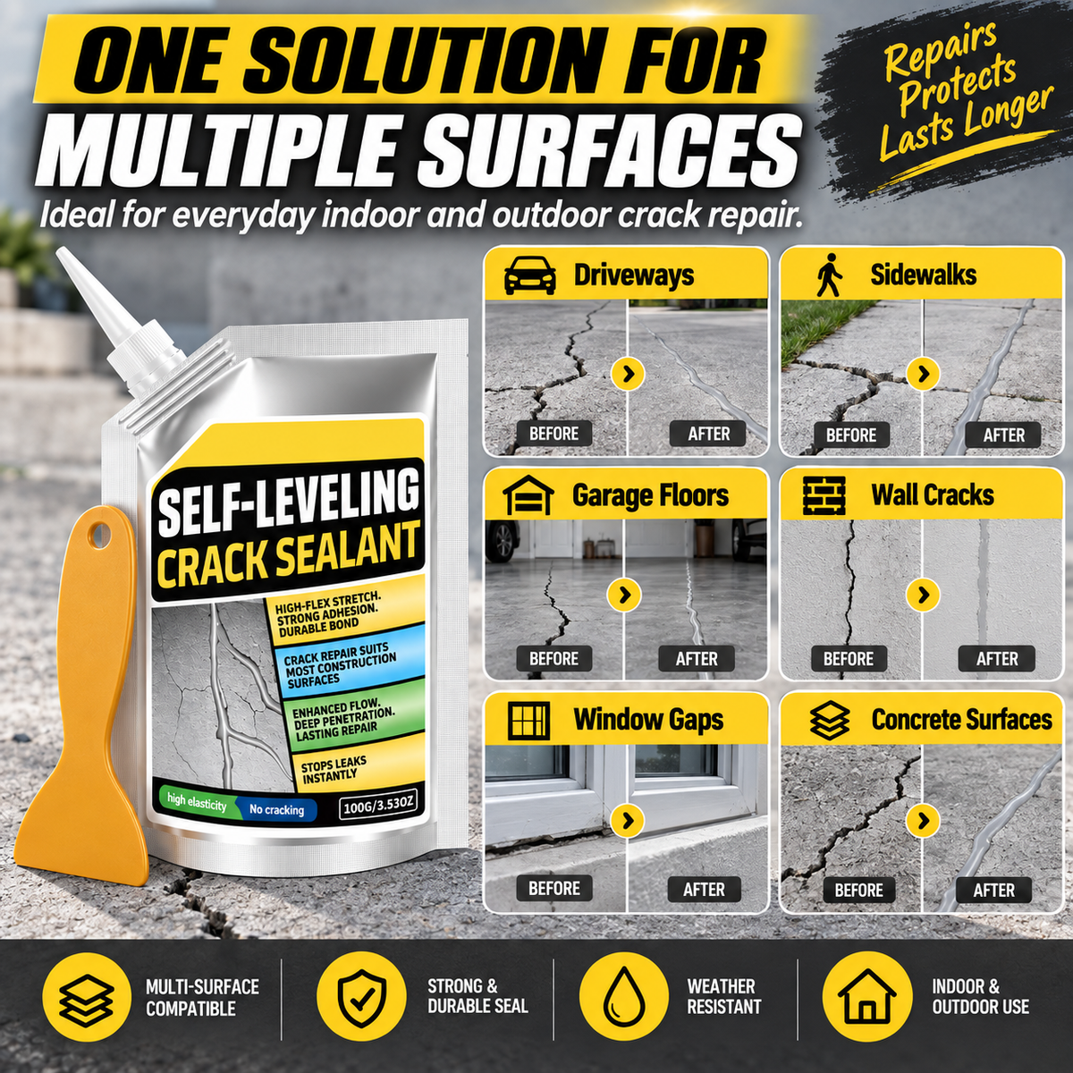 Self-Leveling Concrete Crack Sealant Kit | 100 g Pouch + 1 Scraper
