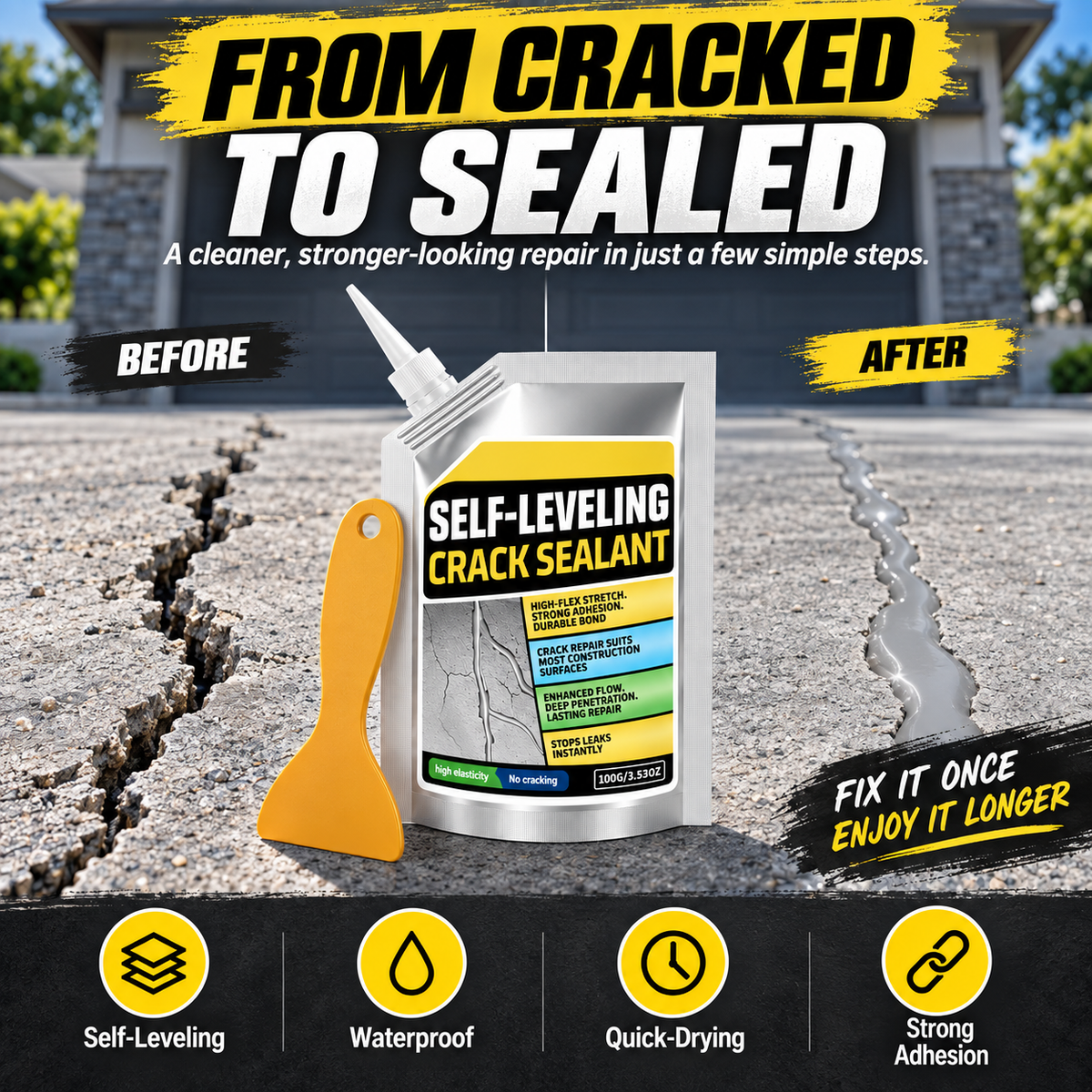 Self-Leveling Concrete Crack Sealant Kit | 100 g Pouch + 1 Scraper