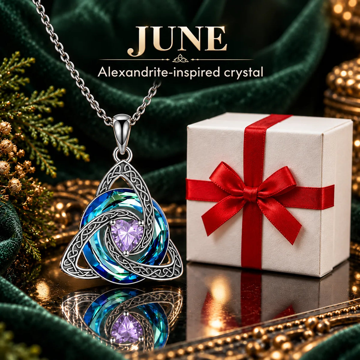 Celtic Trinity Knot Birthstone-Inspired Necklace + Free White Gift Box