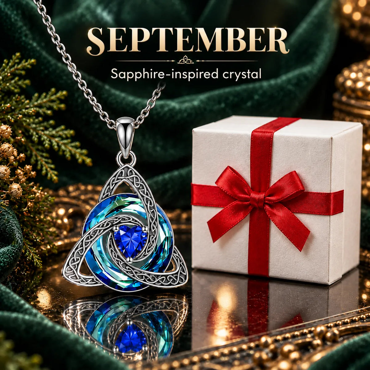 Celtic Trinity Knot Birthstone-Inspired Necklace + Free White Gift Box